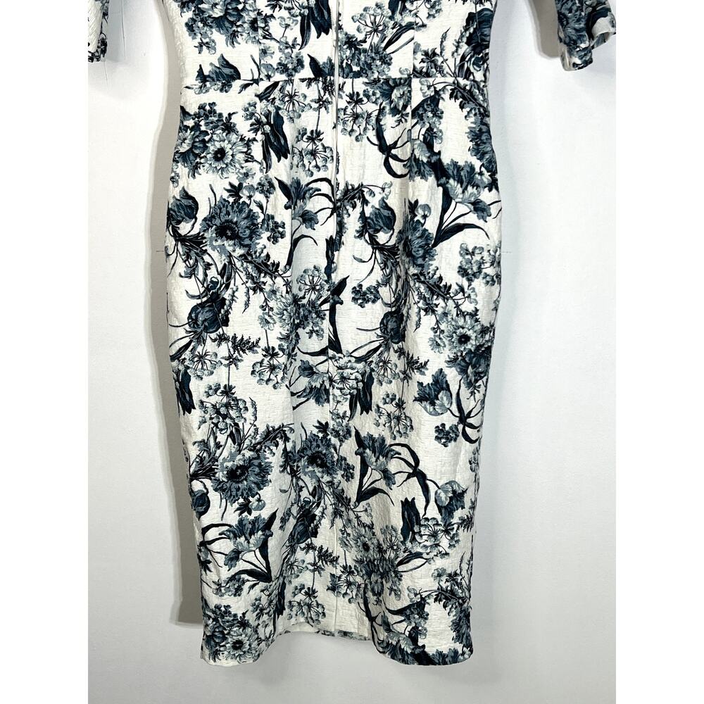 Asos White Blue Floral Fitted Pleats 3/4 Sleeves Pockets Cotton Midi Dress 8 - Picture 6 of 10